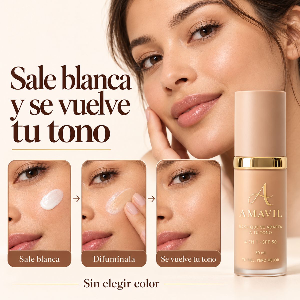 Base que se Adapta a tu Tono 4 en 1 con SPF 50 Amavil