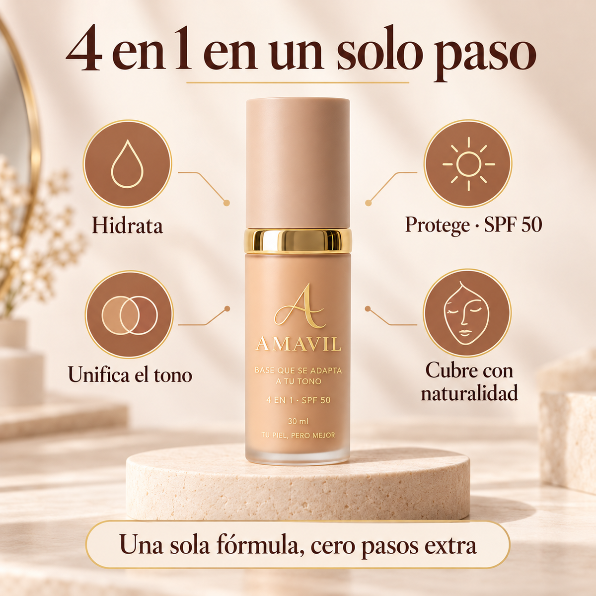 Base que se Adapta a tu Tono 4 en 1 con SPF 50 Amavil
