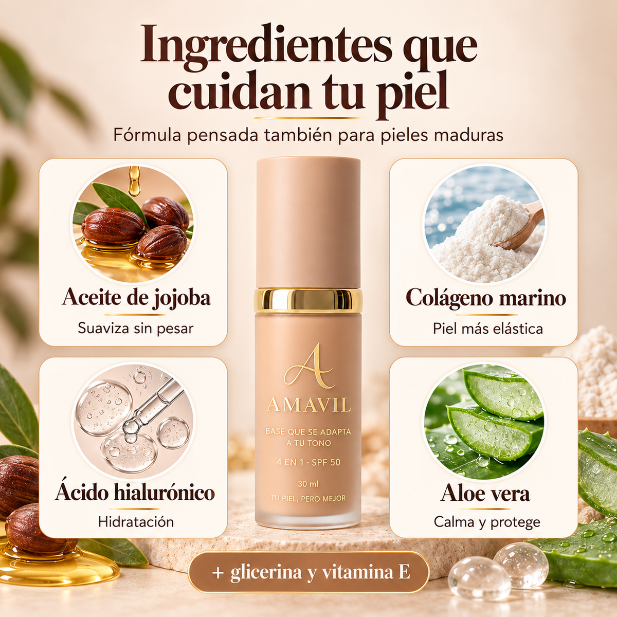 Base que se Adapta a tu Tono 4 en 1 con SPF 50 Amavil
