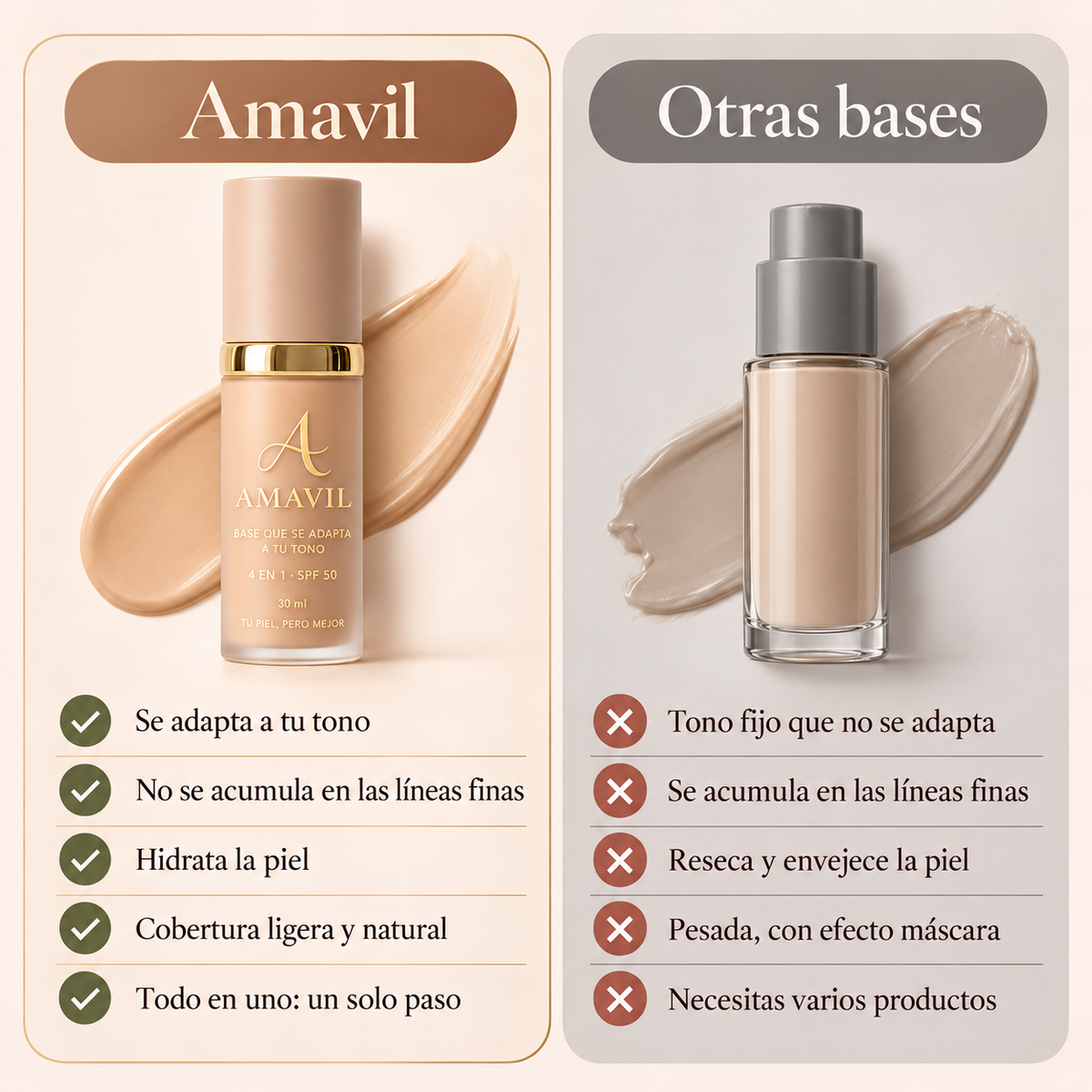 Base que se Adapta a tu Tono 4 en 1 con SPF 50 Amavil