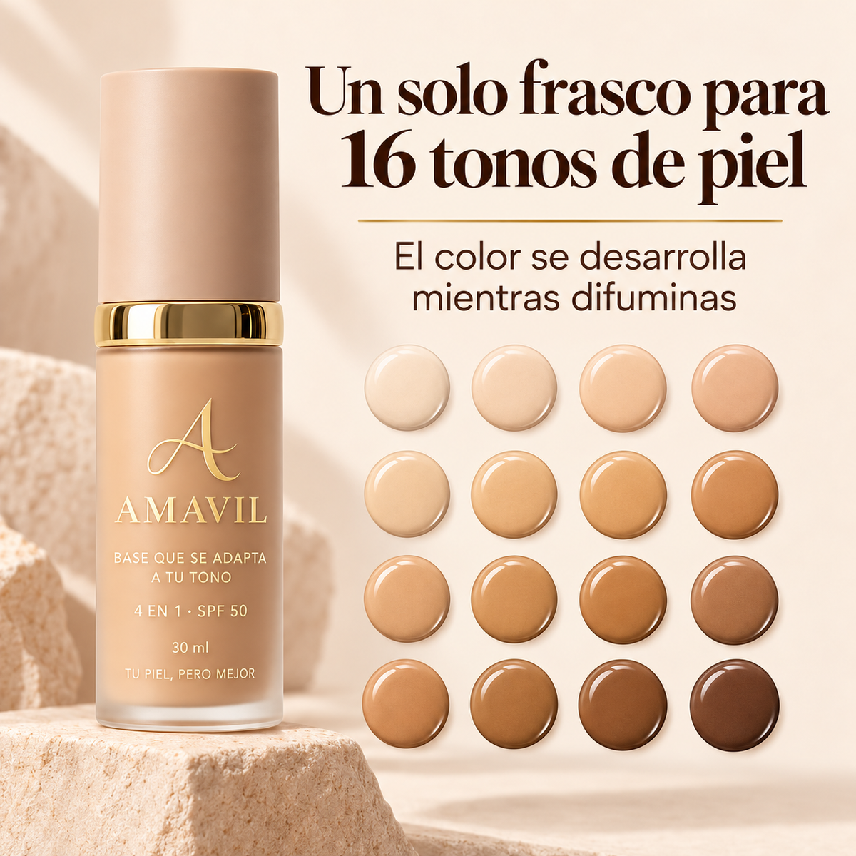 Base que se Adapta a tu Tono 4 en 1 con SPF 50 Amavil