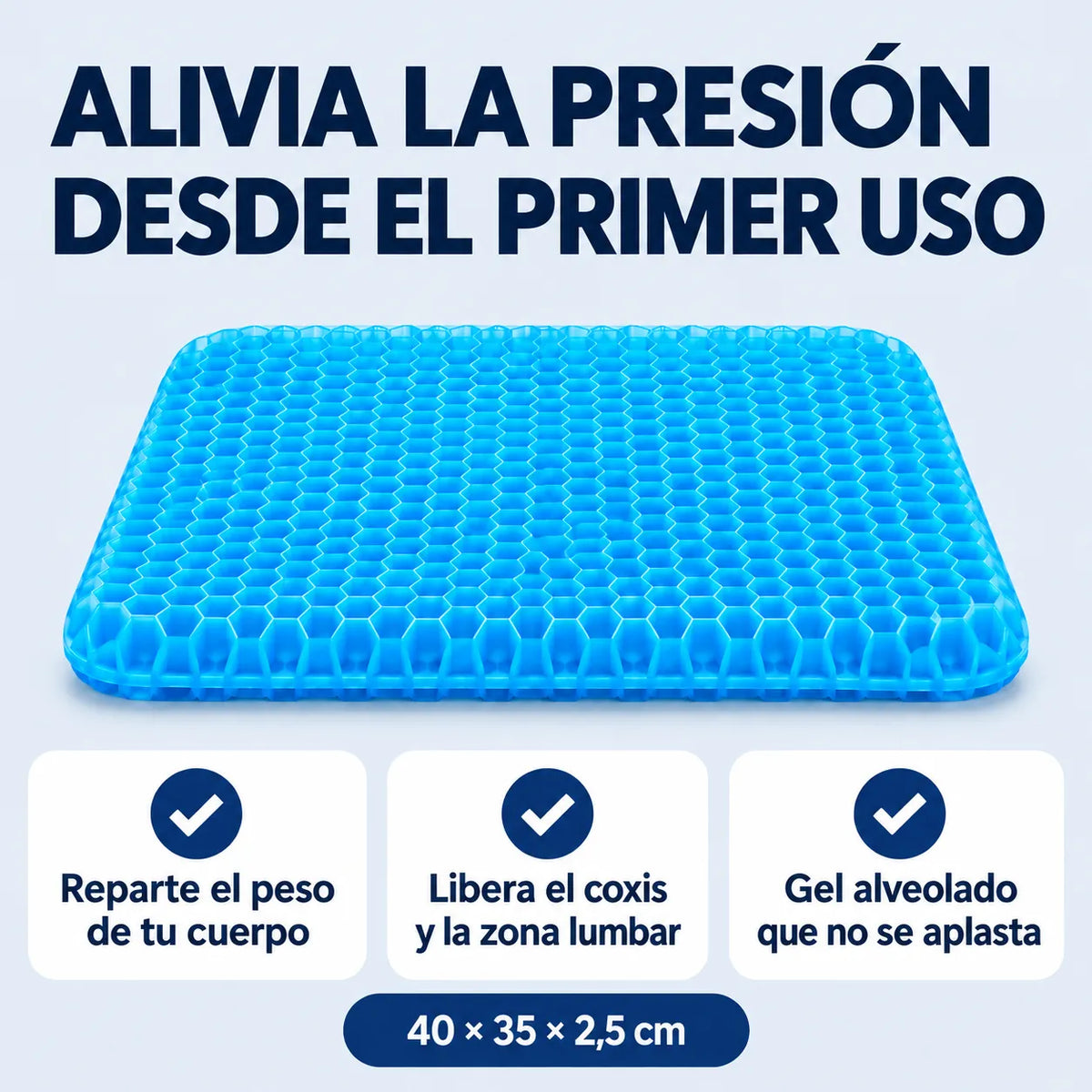 Alivia la presión desde el primer uso: reparte el peso, libera el coxis y la zona lumbar