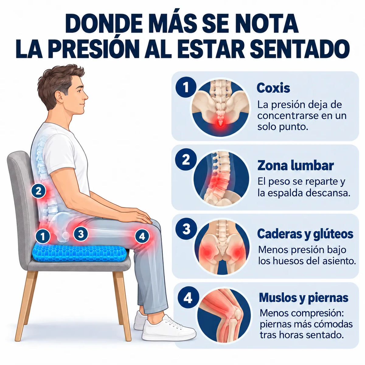 Zonas donde más se nota la presión al estar sentado: coxis, zona lumbar, caderas y piernas