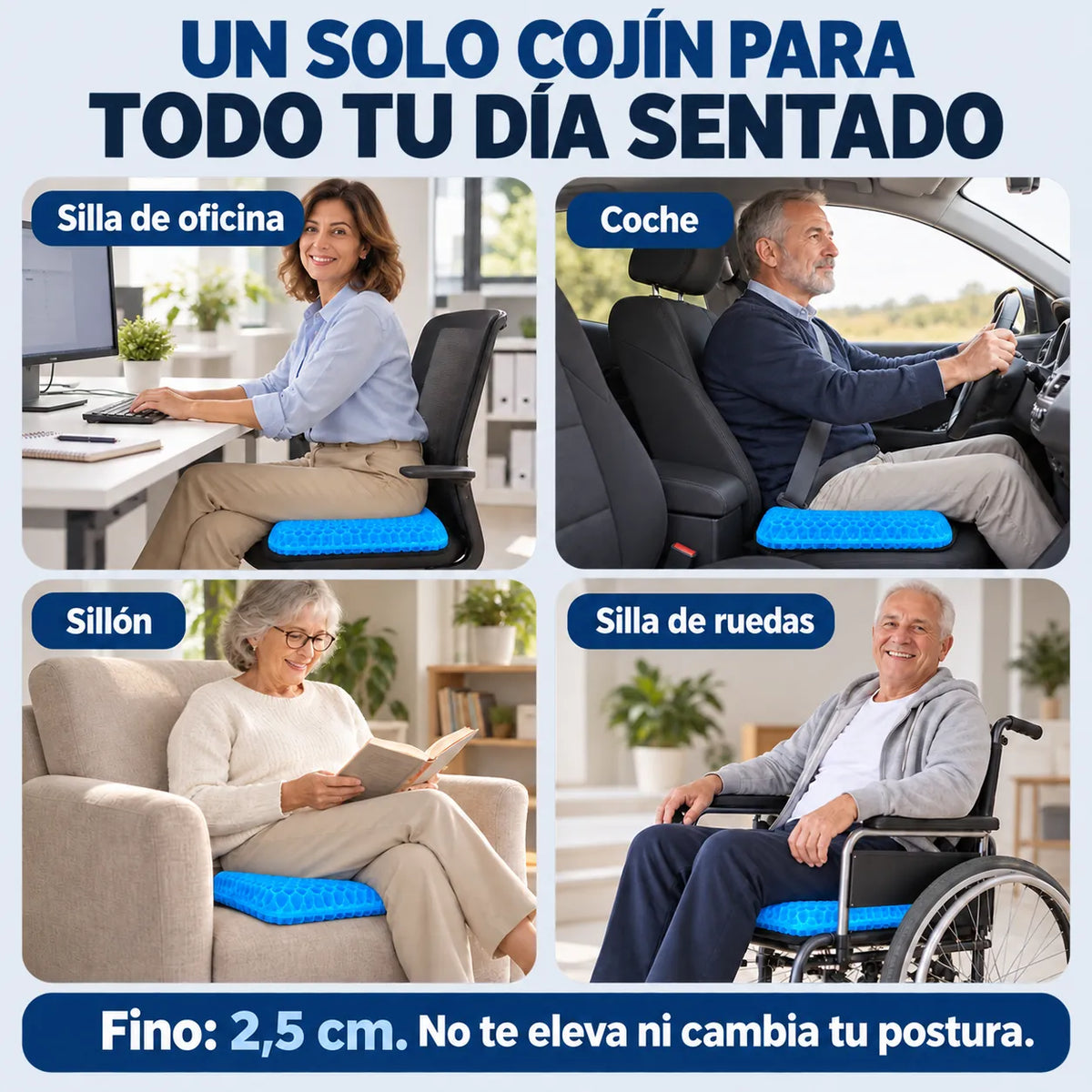 El cojín en silla de oficina, coche, sillón y silla de ruedas