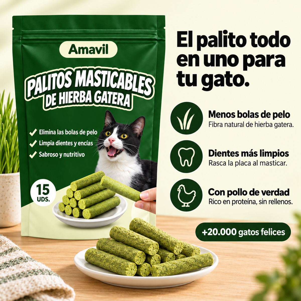 El palito todo en uno para tu gato: menos bolas de pelo, dientes más limpios y pollo de verdad