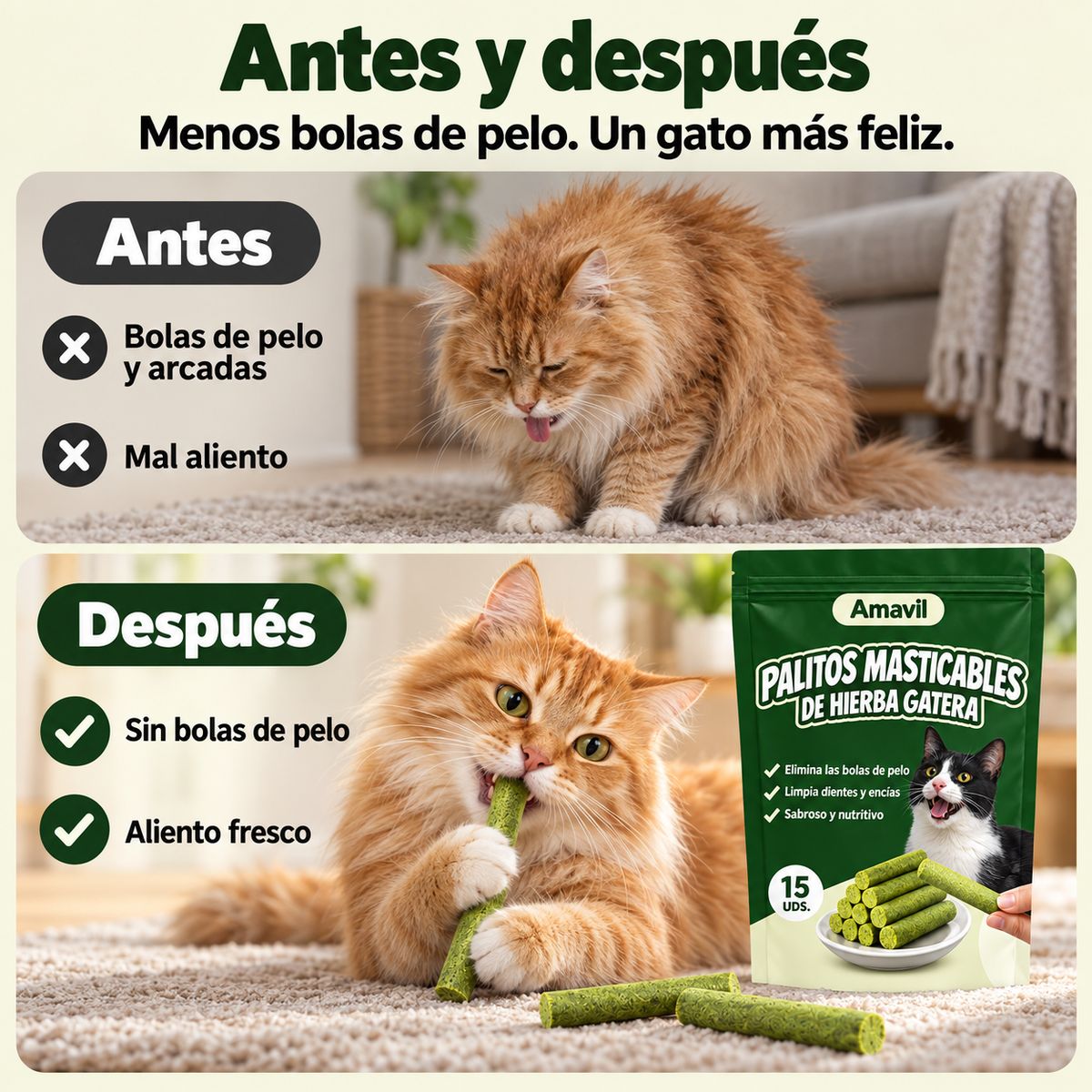Antes y después: menos bolas de pelo y aliento fresco