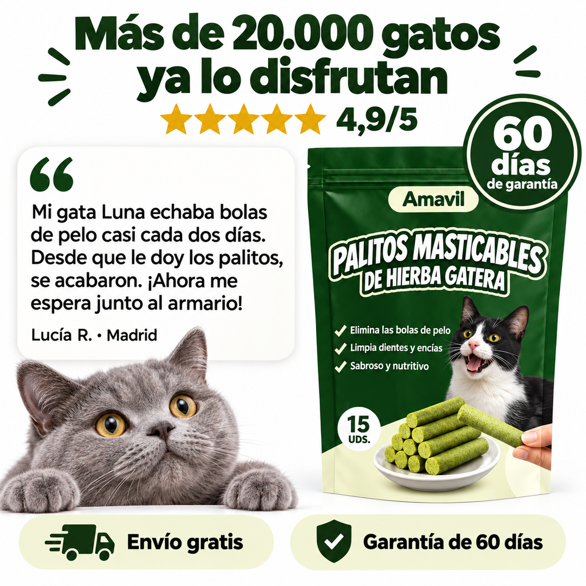 Más de 20.000 gatos ya lo disfrutan, garantía de 60 días y envío gratis